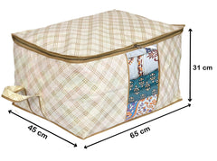 Fun Homes Metalic Flower,Checkered Print Non Woven 2 Pieces Underbed Storage Bag,Cloth Organiser,Blanket Cover with Transparent Window (Black & Ivory)-FUHHNH16629