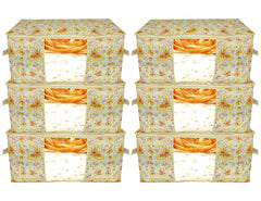 Heart Home Flower Design Non-woven Foldable Underbed/Storage Bag/Wardrobe Organizer With Transparent Window- Pack of 6 (Yellow)-44HH0519