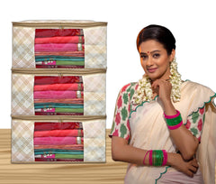 Homestic Set of 6 Foldable Non Woven saree covers with Zip|Saree & Clothes Organiser for wardrobe |Transparent Window With Premium Zipper|Suitable for Lehenga, Suit, Dress (Beige)