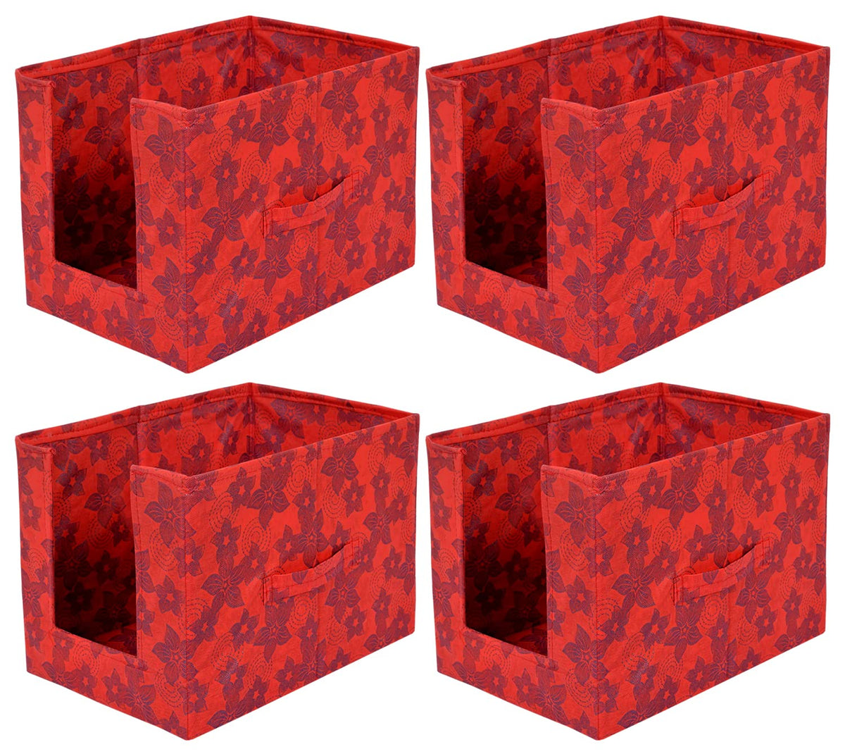 Heart Home Metallic Flower Printed Multiuses Non-Woven Closet Organizer With Handles- Pack of 4 (Red) -HS43HEARTH26463