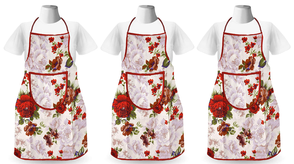 Kuber Industries Flower Printed Oil Stain Resistant Cooking Kitchen Apron for Men Women with 1 Front Pocket, Pack of 3 (Red)