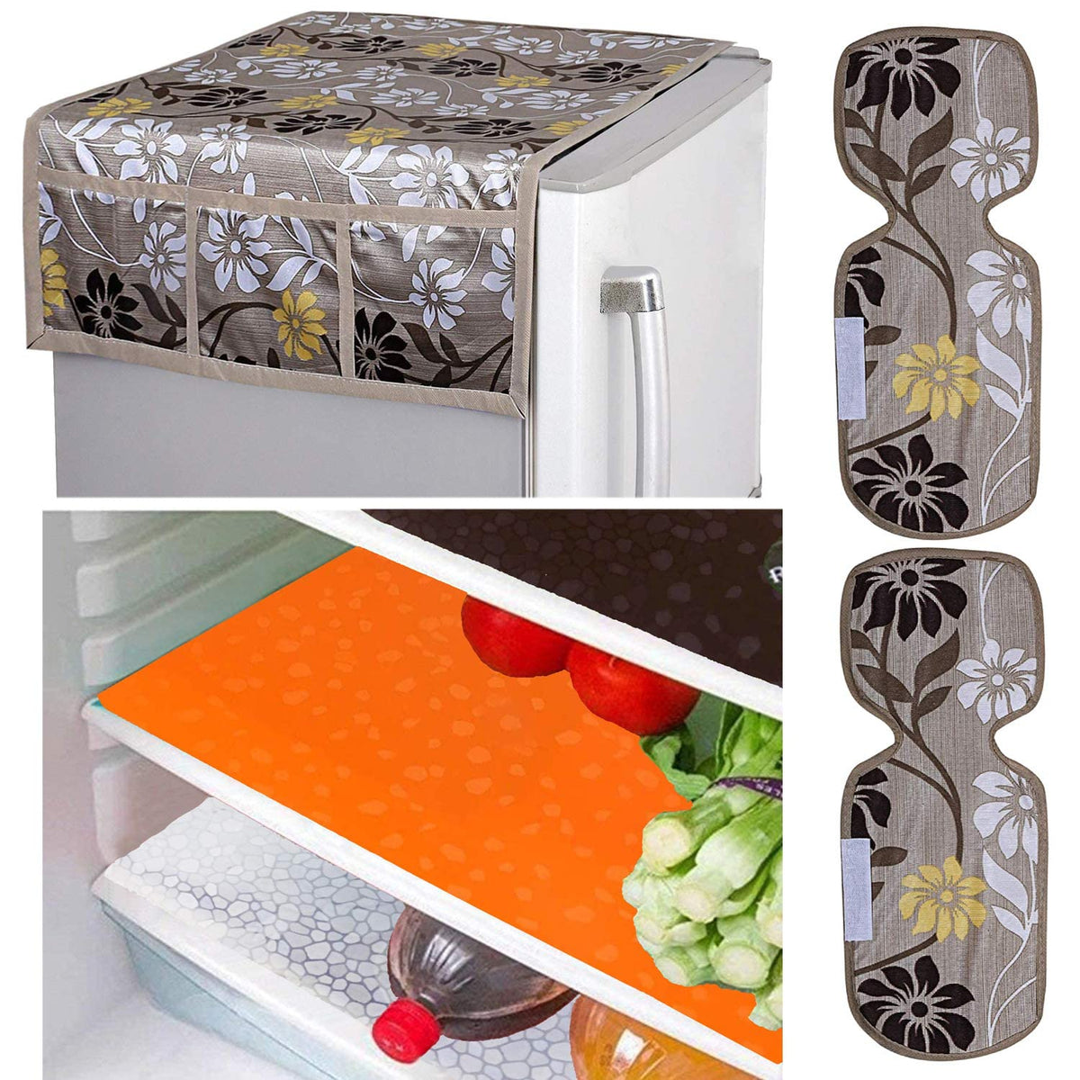 Kuber Industries Flower Design Combo PVC 3 Pieces Fridge Mats, 2 Piece Handle Cover and 1 Piece Fridge Top Cover(Gold)