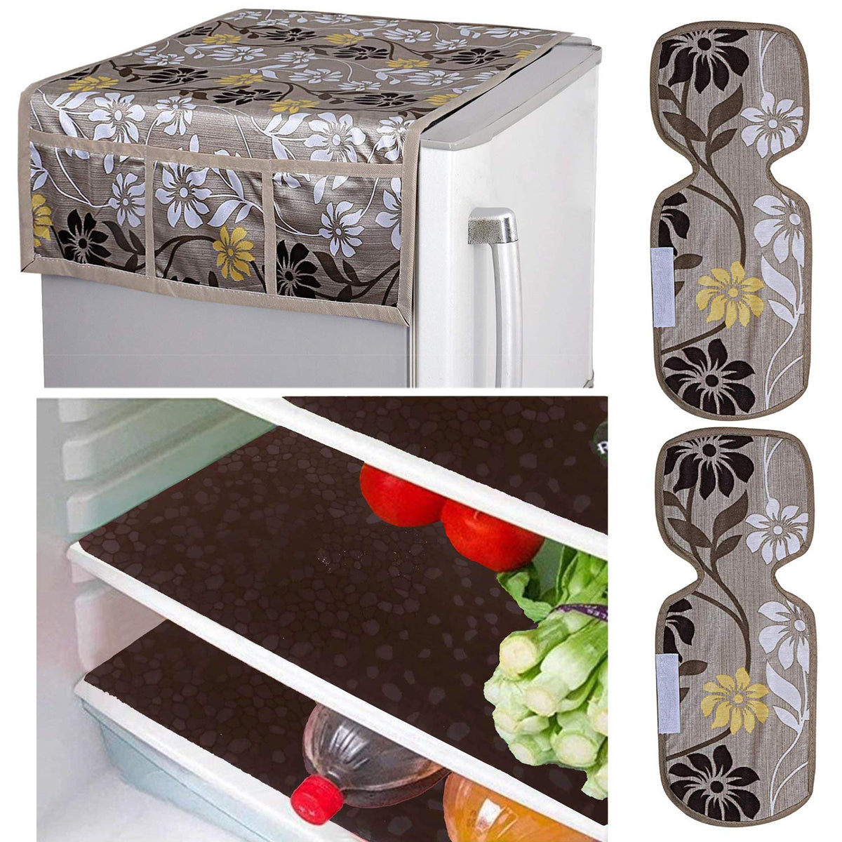 Kuber Industries Flower Design Combo PVC 3 Pieces Fridge Mats, 2 Piece Handle Cover and 1 Piece Fridge Top Cover(Gold)