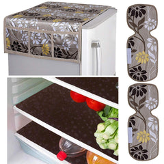 Kuber Industries Flower Design Combo PVC 3 Pieces Fridge Mats, 2 Piece Handle Cover and 1 Piece Fridge Top Cover(Gold)