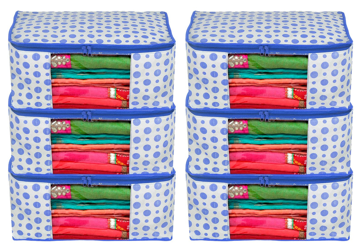 Heart Home Dot Printed Non-Woven Saree Cover, Cloth Organizer, Wardrobe Organiser With Tranasparent Window- Pack of 6 (Blue)-46HH0498