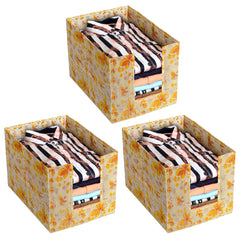 Heart Home Flower Printed Non-Woven Foldable Shirt Stacker Closet Organizer With Handles- Pack of 3 (Yellow)-HS43HEARTH26480