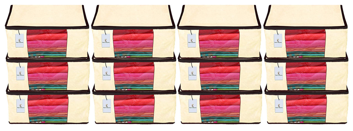 Kuber Industries 12 Piece Non Woven Fabric Saree Cover Set with Transparent Window, Extra Large, Ivory-CTKTC23780