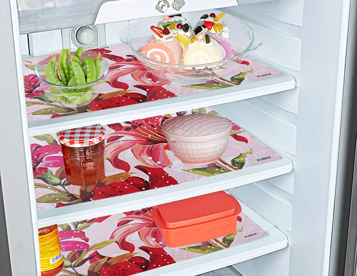 Kuber Industries Flower Design 3 Pieces PVC Refrigerator/Fridge Multipurpose Drawer Mat Set(Pink)-CTKTC032683