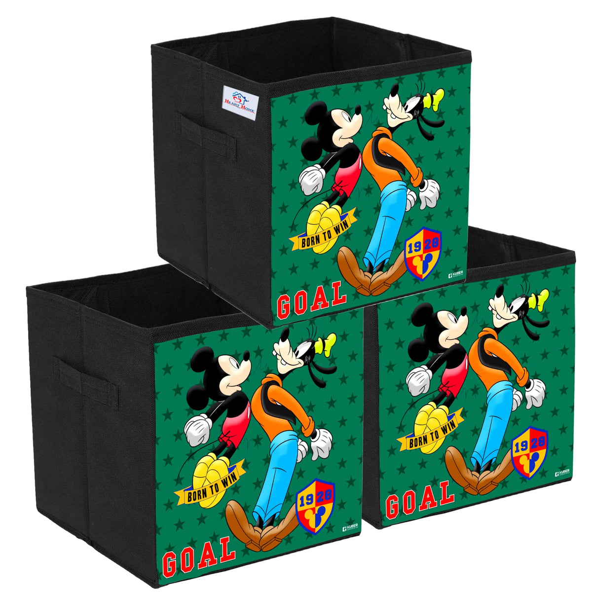 Heart Home Disney Mickey & Goofy Print Durable & Collapsible Square Storage Box|Clothes Organizer With Handle,Pack of 3 (Black)
