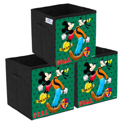 Heart Home Disney Mickey & Goofy Print Durable & Collapsible Square Storage Box|Clothes Organizer With Handle,Pack of 3 (Black)