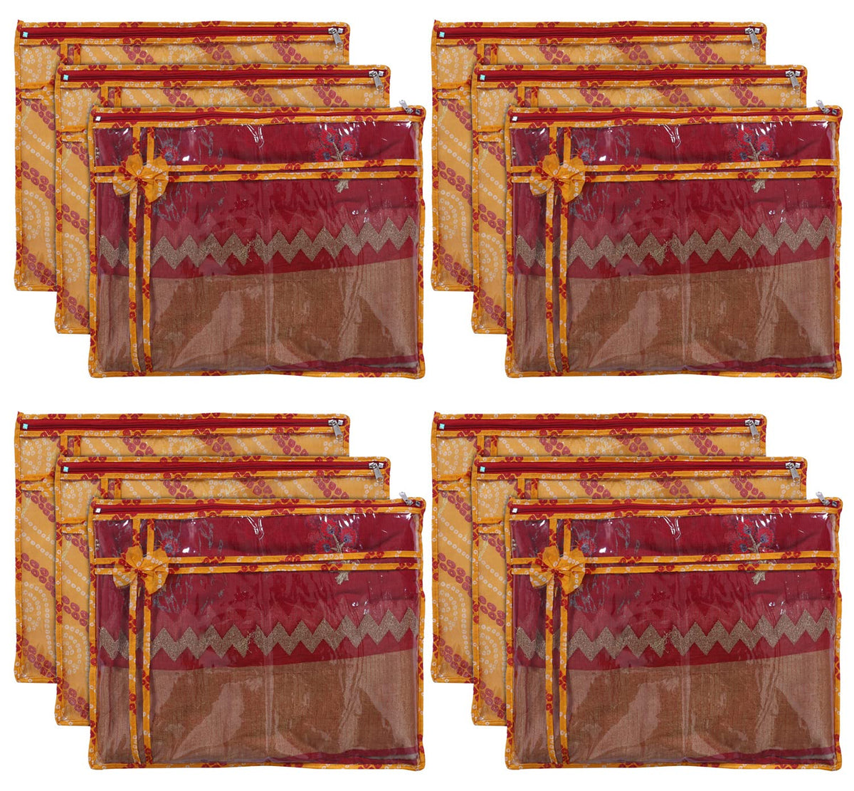 Kuber Industries Bandhani Print PVC Foldable Single Saree Cover|Clothes Storage For Saree, Lehenga, Suit With Transparent Pack of 12 (Yellow)