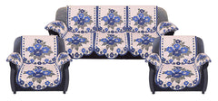 Kuber Industries Flower Design Cotton 5 Seater Sofa Cover with 6 Pieces Arms Cover and 1 Center Table Cover Use Both Side (Set Of17, Cream & Blue)-KUBMART12031, Standard