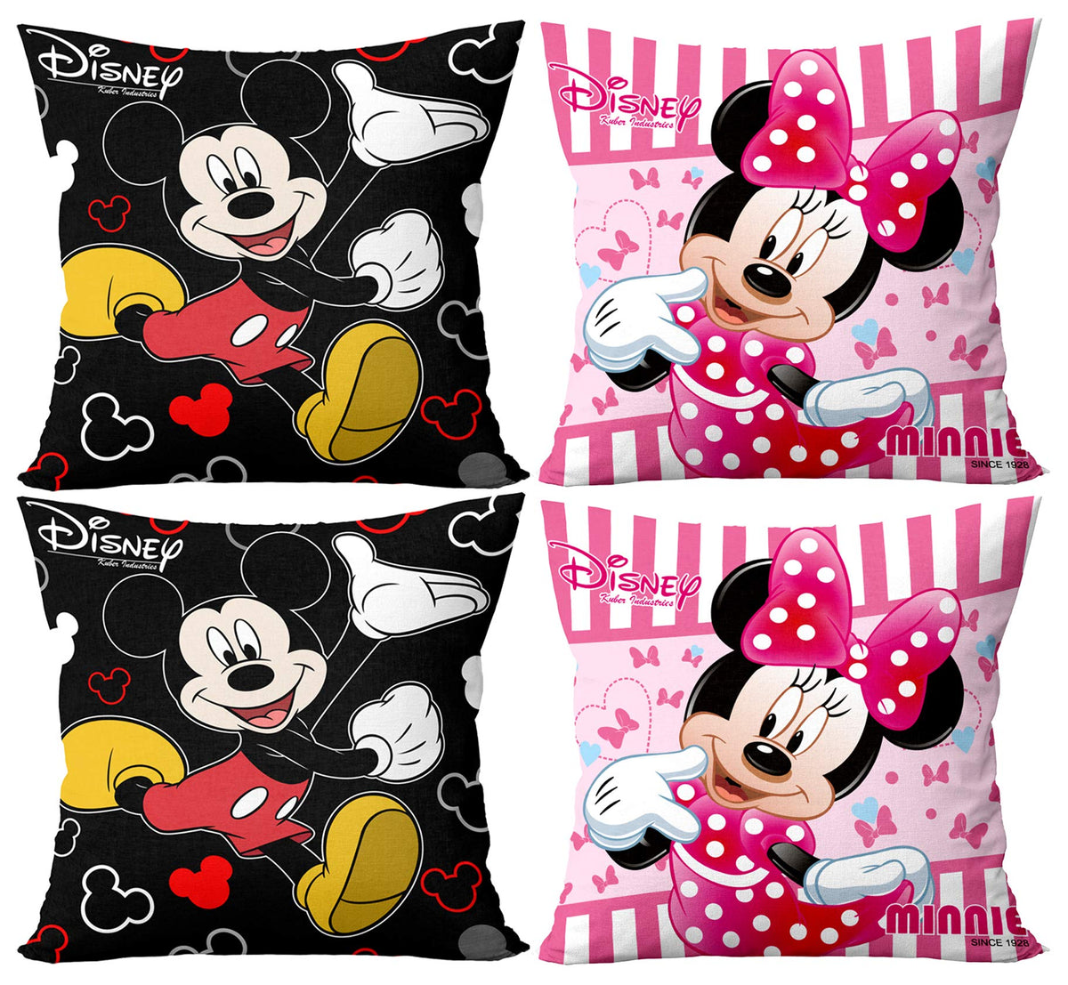 Kuber Industries Disney Minnie Mickey Print Silk Special Long Crush Cushion Covers (16"x16") Set of 4, Black & Pink-KUBMART10003,Standard
