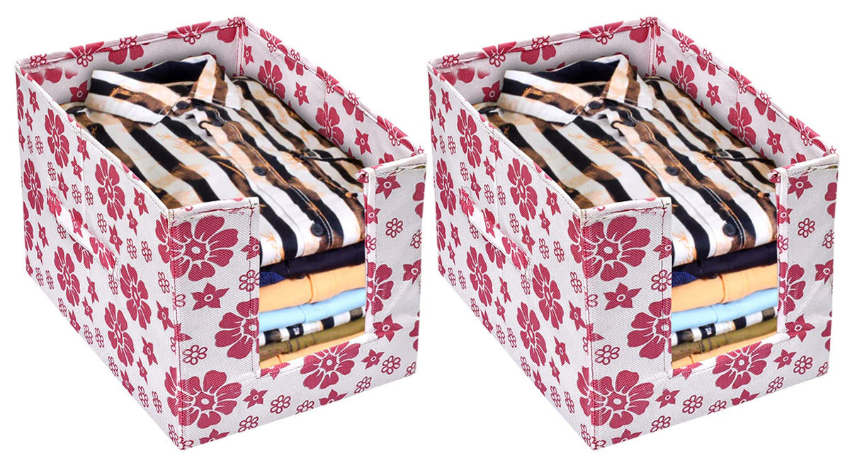 Heart Home Flower Printed Non-Woven Foldable Shirt Stacker Closet Organizer With Handles- Pack of 2 (White & Pink)-HS43HEARTH26508