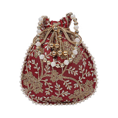 Kuber Industries Silk Embroidered 2 Pieces Women Potli Bag (Maroon),CTKTLUG977