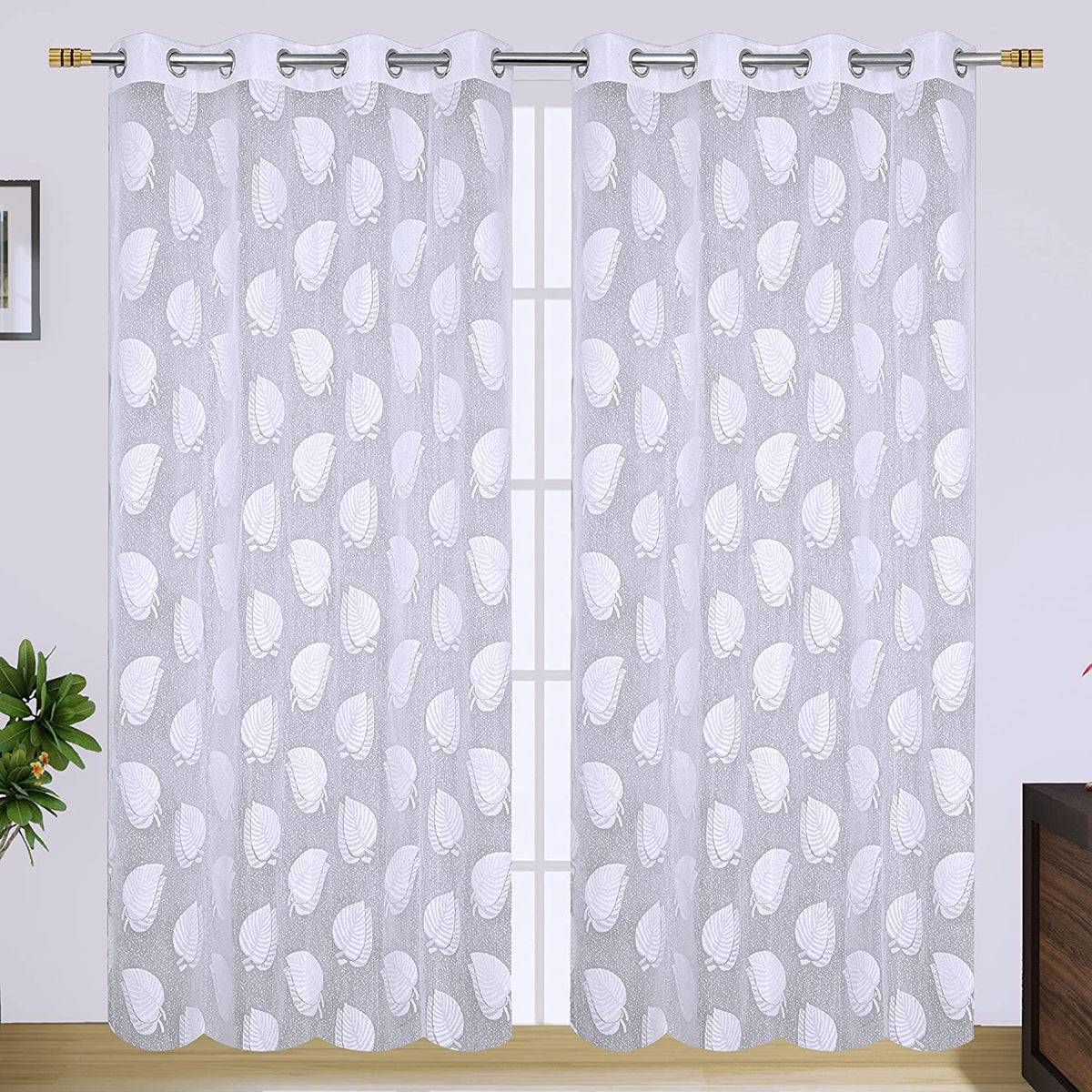 Kuber Industries Leaf Print Home Decor Cotton Door Curtain with 8 Eyeletss, 7 Feet Pack of 2 (White)-50KM01061