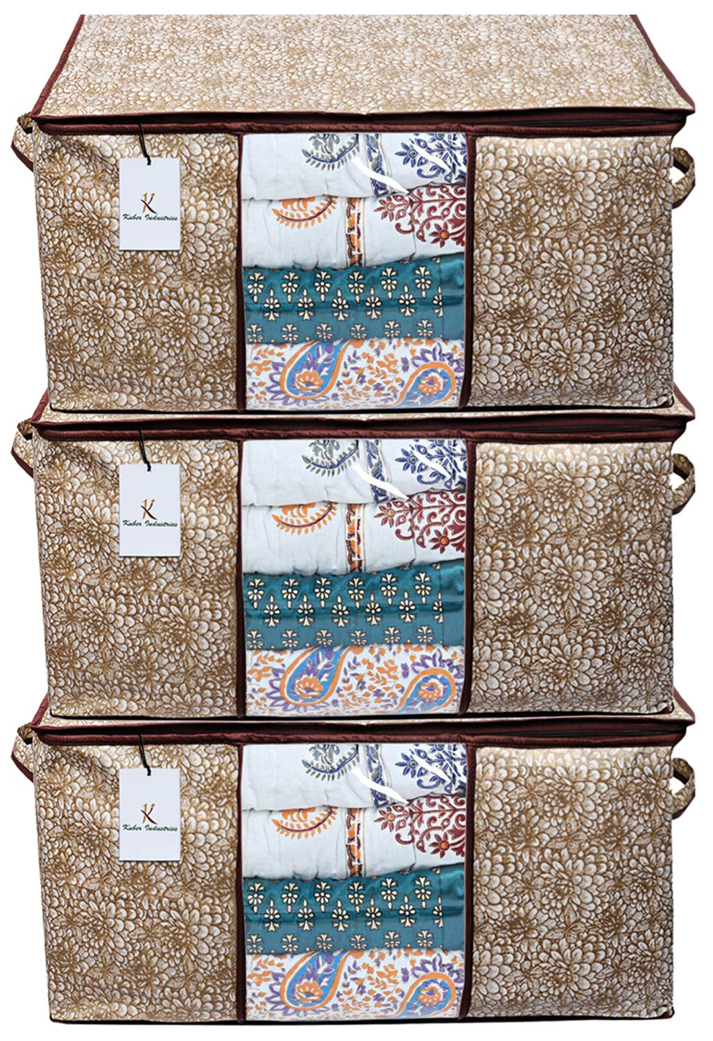 Kuber Industries Flower Design Rectangular Underbed Blanket Cover Storage Bag Organiser, Set of 3 - (Golden Brown, Extra Large Size - CTKTC15247)