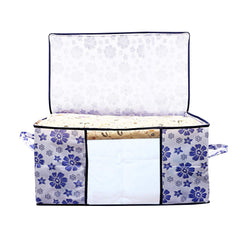 Kuber Industries Flower Design 3 Piece Non Woven Underbed Storage Bag, Storage Organiser, Blanket Cover with Transparent Window, Extra Large, Royal Blue CTKTC034523