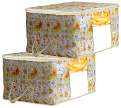 Kuber Industries Flower Design 2 Piece Non Woven Underbed Storage Bag, Storage Organiser, Blanket Cover with Transparent Window, Extra Large, Ivory & Red CTKTC034482