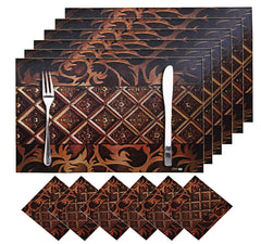 Kuber Industries Square Pot Design PVC 6 Piece Dining Table Placemat Set with Tea Coasters (Brown)-CTKTC032186
