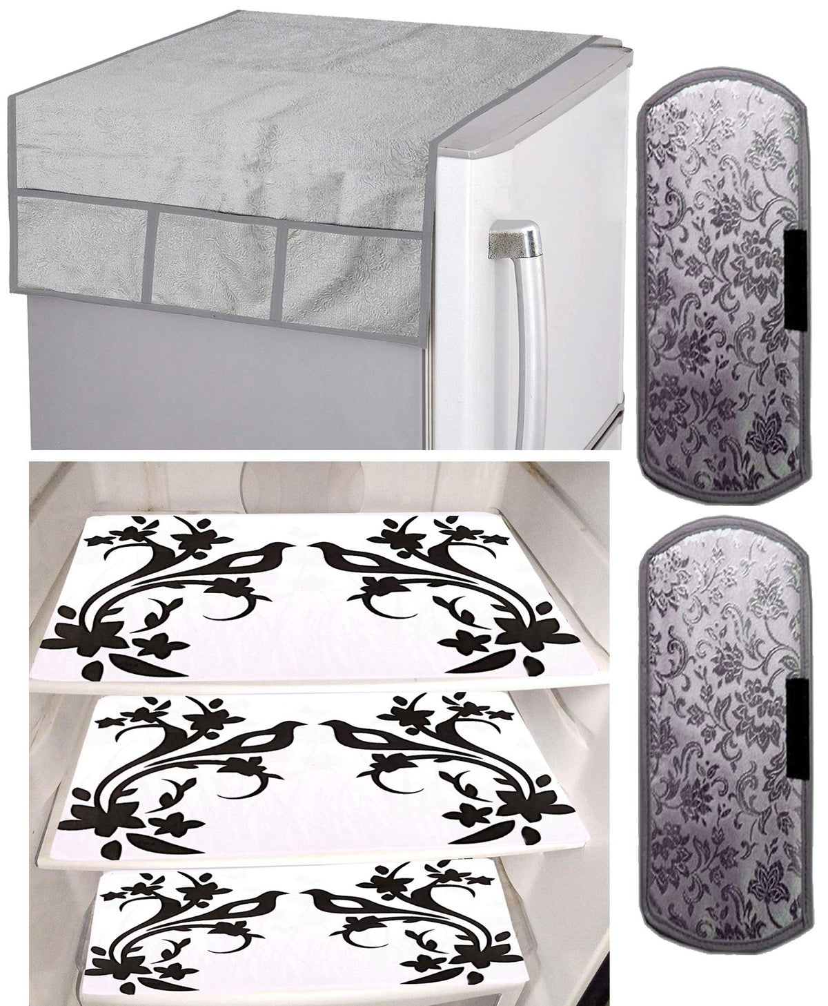 Kuber Industries Birds Design 3 Pieces PVC Fridge Mats,2 Piece Handle Cover and 1 Piece Fridge Top Cover (Silver) - CTKTC39687