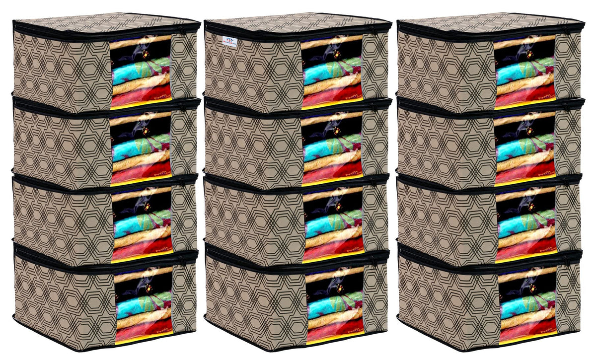 Heart Home Honeycomb Print Non-Woven Foldable Saree Cover|Clothes For Home & Traveling With Transparent, Extra Large Pack of 12 (Cream)