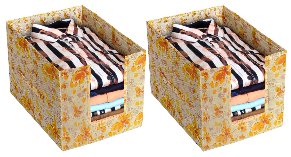 Kuber Industries Flower Printed Non-Woven Foldable Shirt Stacker Closet Organizer With Handles- Pack of 2 (Yellow)-HS43KUBMART26478
