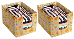 Kuber Industries Flower Printed Non-Woven Foldable Shirt Stacker Closet Organizer With Handles- Pack of 2 (Yellow)-HS43KUBMART26478
