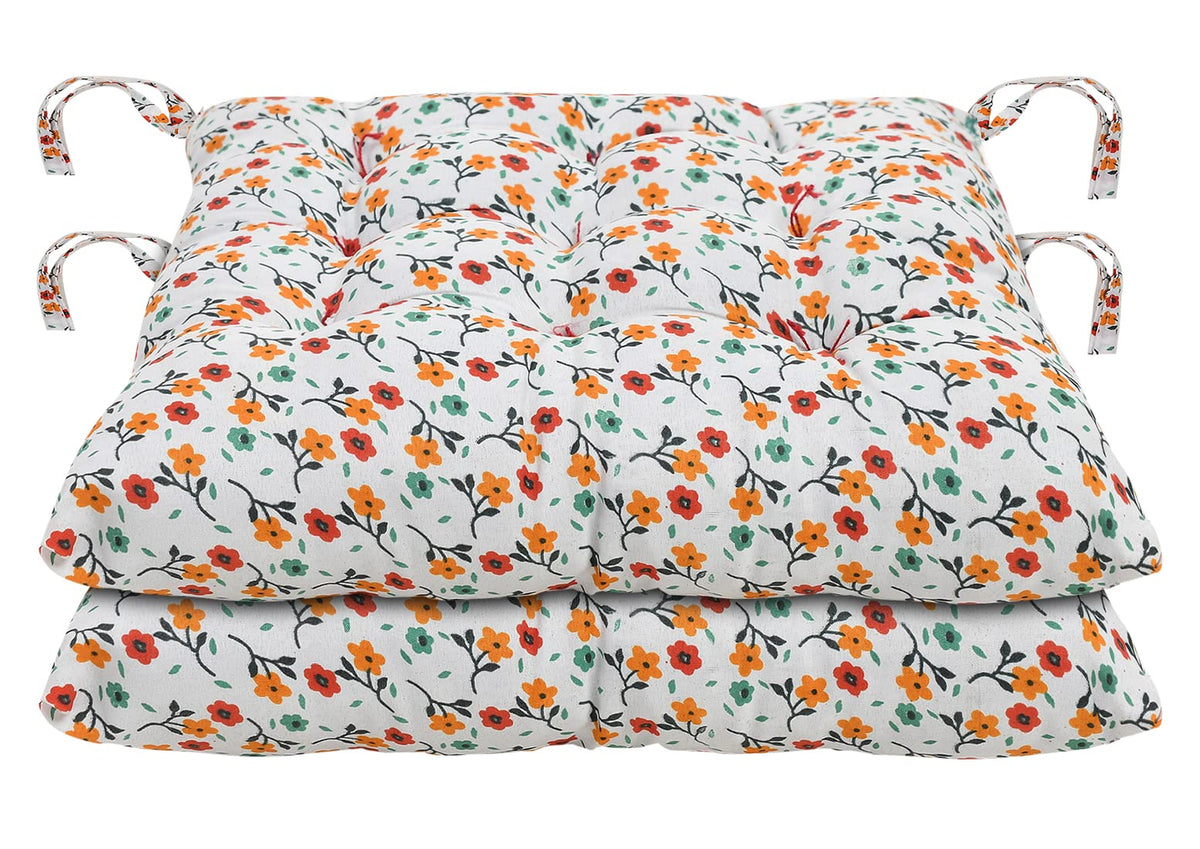 Heart Home Flower Printed Microfiber Durable, Comfortable & Soft Square Chair Pad/Cushion/Seat Pad with Ties, 18 * 18 Inch- Pack of 2 (White)