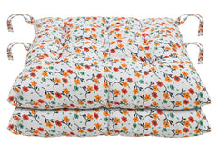 Heart Home Flower Printed Microfiber Durable, Comfortable & Soft Square Chair Pad/Cushion/Seat Pad with Ties, 18 * 18 Inch- Pack of 2 (White)