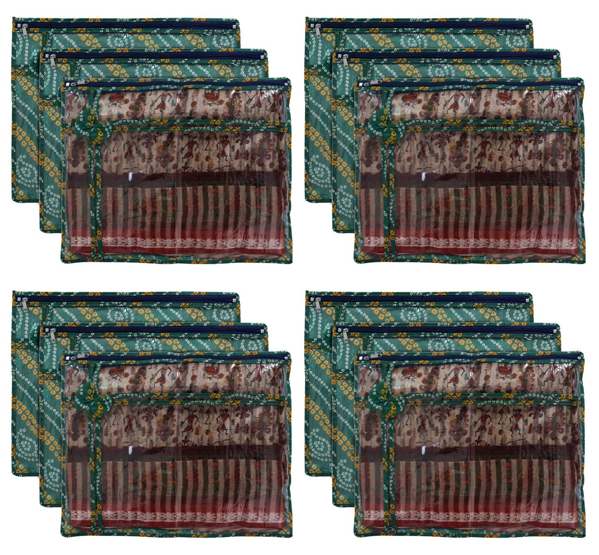 Kuber Industries Bandhani Print PVC Foldable Single Saree Cover|Clothes Storage For Saree, Lehenga, Suit With Transparent Pack of 12 (Green)