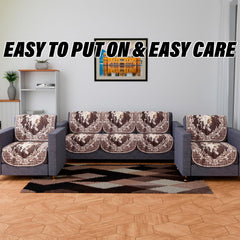 Heart Home Sofa Cover Set | Sofa Slip Cover Set | Brown Check Border Sofa Cover | Velvet 5 Seater Couch Cover | Sofa Slipcover Set | Sofa Cover for Living Room | Cream