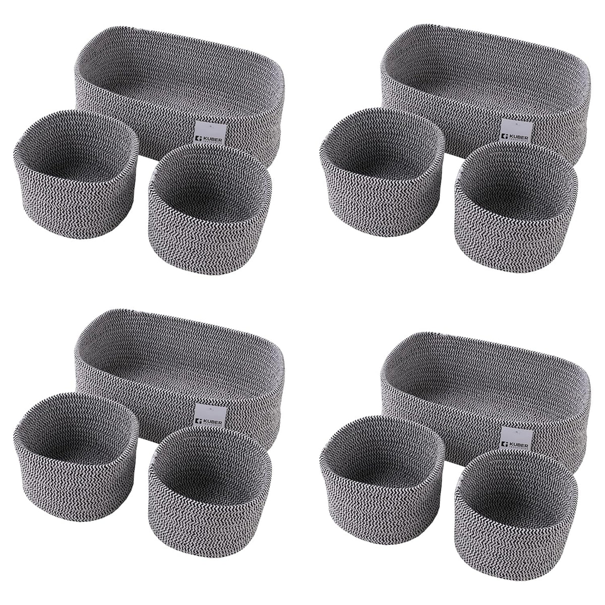 Kuber Industries Pack of 12 Cotton Woven Storage Basket With Handle|Shelf Basket Hamper|Organizer for Toys, Socks, Cosmetic|Capacity 9.2L, 3L,3L|Grey|