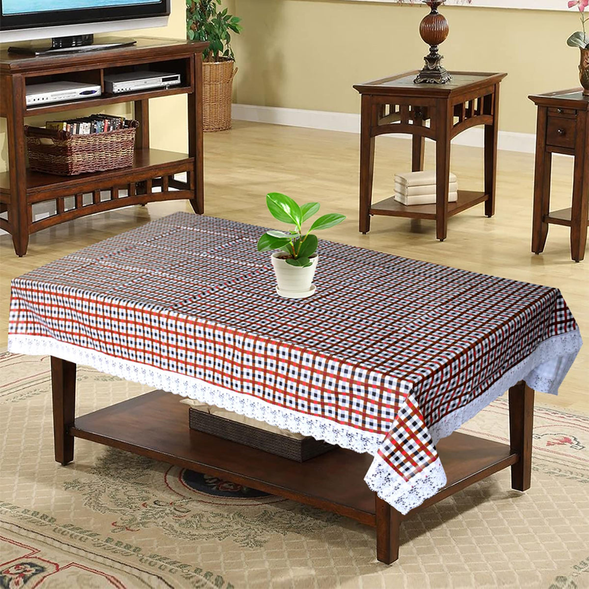 Heart Home Check Printed PVC 4 Seater Center Table Cover, Protector with White Lace Border, 40"x60" (Maroon)
