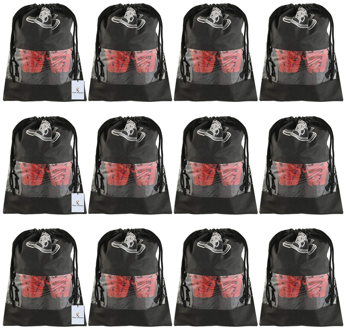 Heart Home 12 Piece Non Woven Travel Shoe Cover, String Bag Organizer, Black CTHH016050