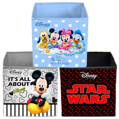 Kuber Industries Disney Print Non Woven 3 Pieces Fabric Foldable Storage Cube For Toy,Books,Shoes Storage Box With Handle,Extra Large (Grey & Maroon & Royal Blue)-KUBMART16198