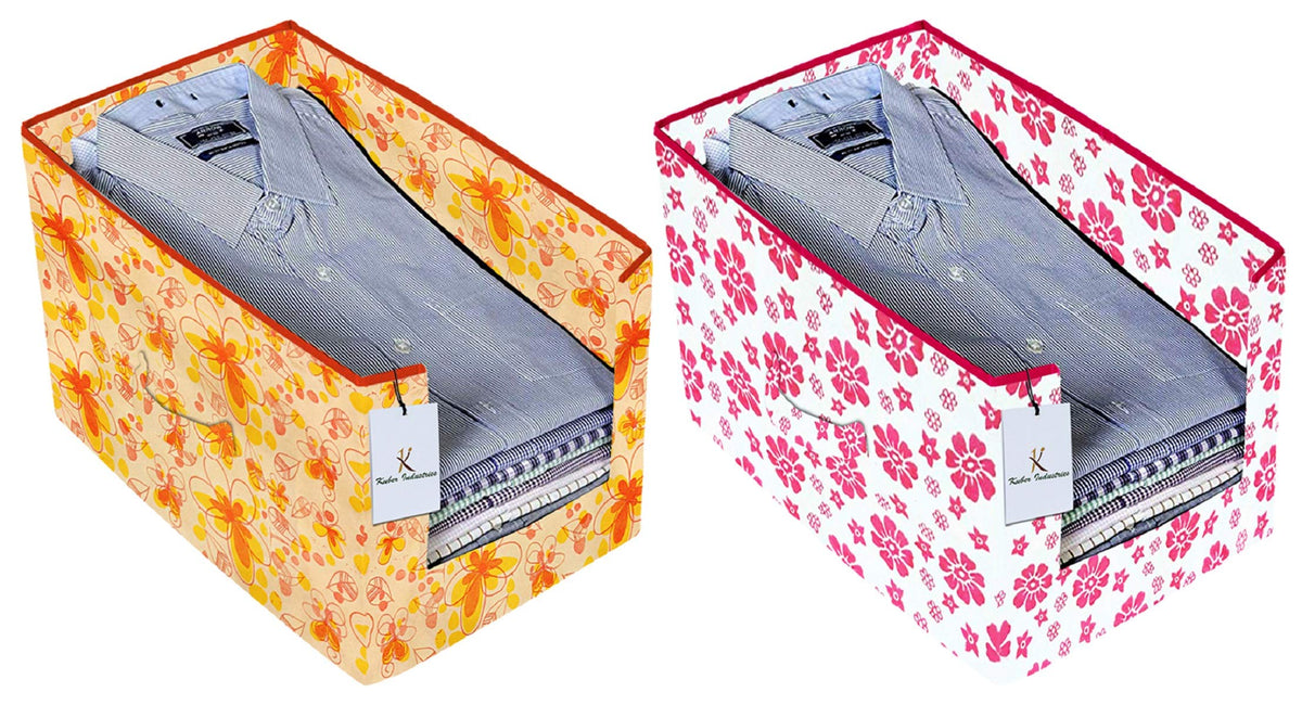 Kuber Industries Flower Printed 2 Piece Non Woven Shirt Stacker Wardrobe Organizer Set, (Pink, Ivory & Red) - CTKTC035015