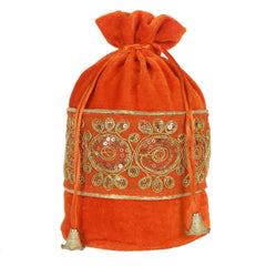 Kuber Industries Embroidered Design Potli Bags Handbags for Women Gifting Wristlets for Wedding, Festival, Kitty Subh Shagun-Pack of 3 (Orange)