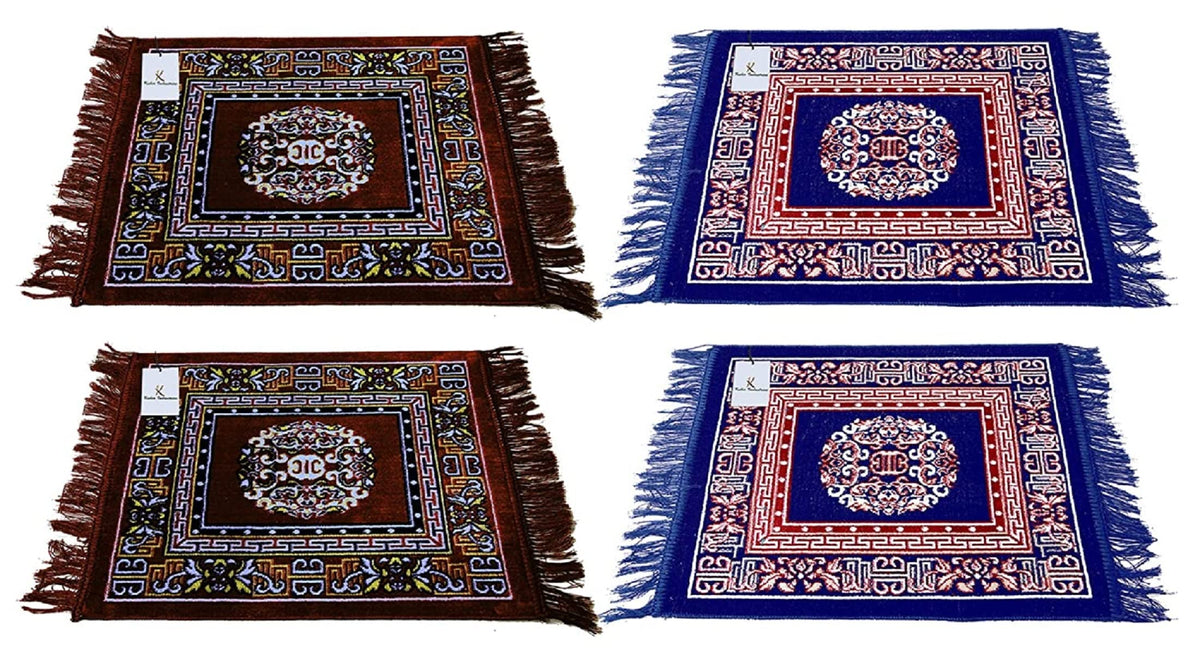 Heart Home 4 Pieces Velvet Prayer Mat/Aasan/Pooja Mat/Meditation Mat/Multipurpose Velvet Rug Mat 2 Ft X 2 Ft (Brown & Royal Blue) CTHH5764, Standard