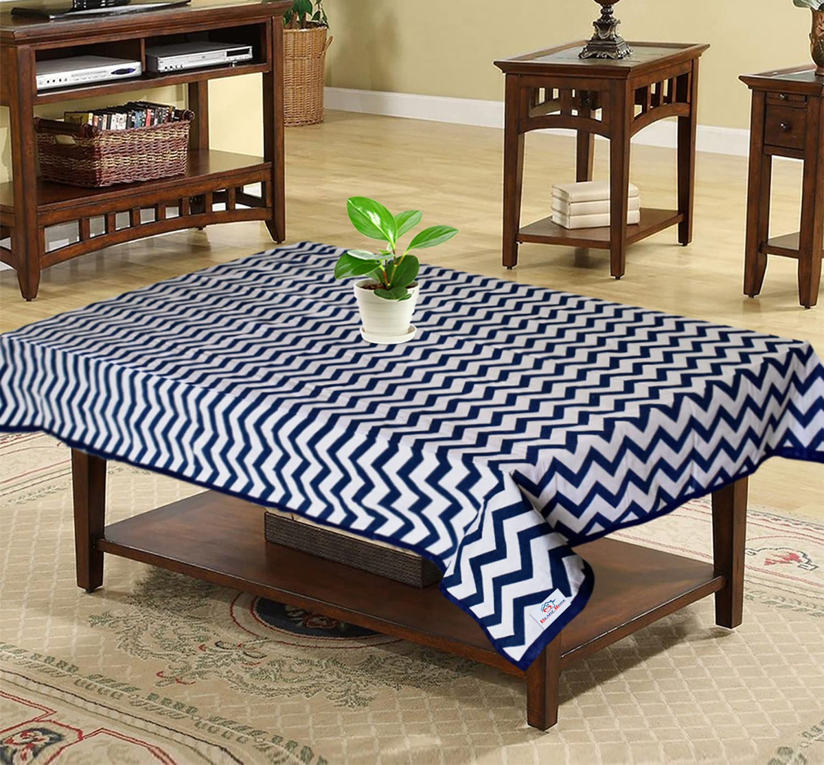 Heart Home Cotton Zig Zag Print 4 Seater Center Table Cover/Table Cloth for Home Decorative 60 in. x 40 in. (Blue) 54HH4378.