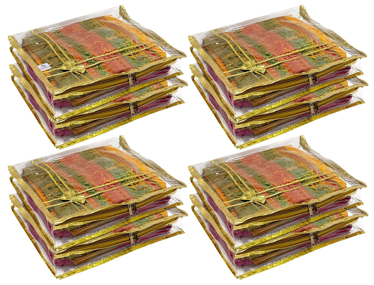 Heart Home Bow Design 3"inch Tranasparent PVC Foldable, Waterproof Saree Cover, Saree Organizer With Golden Border- Pack of 8 (Gold)-HS_38_HEARTH21557