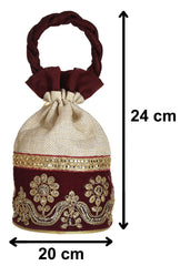 Kuber Industries Embroidered Design Potli Bags Handbags for Women Gifting Wristlets for Wedding, Festival, Kitty Subh Shagun-Pack of 3 (Maroon)
