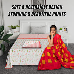 Kuber Industries Blanket | Cotton Single Bed Dohar | Blanket For Home | Reversible AC Blanket For Travelling | Blanket For Summer | Blanket For Winters | Red Flower | White