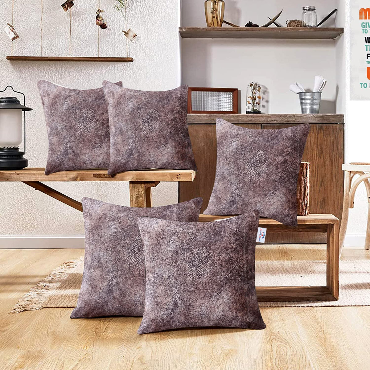 Heart Home Cushion Cover|Sofa Cushion Covers|Broken Wall Texture Print Sitting Cushion Cover|Velvet Cushion Filler|16x16 Inch|Set of 5 (Gold)