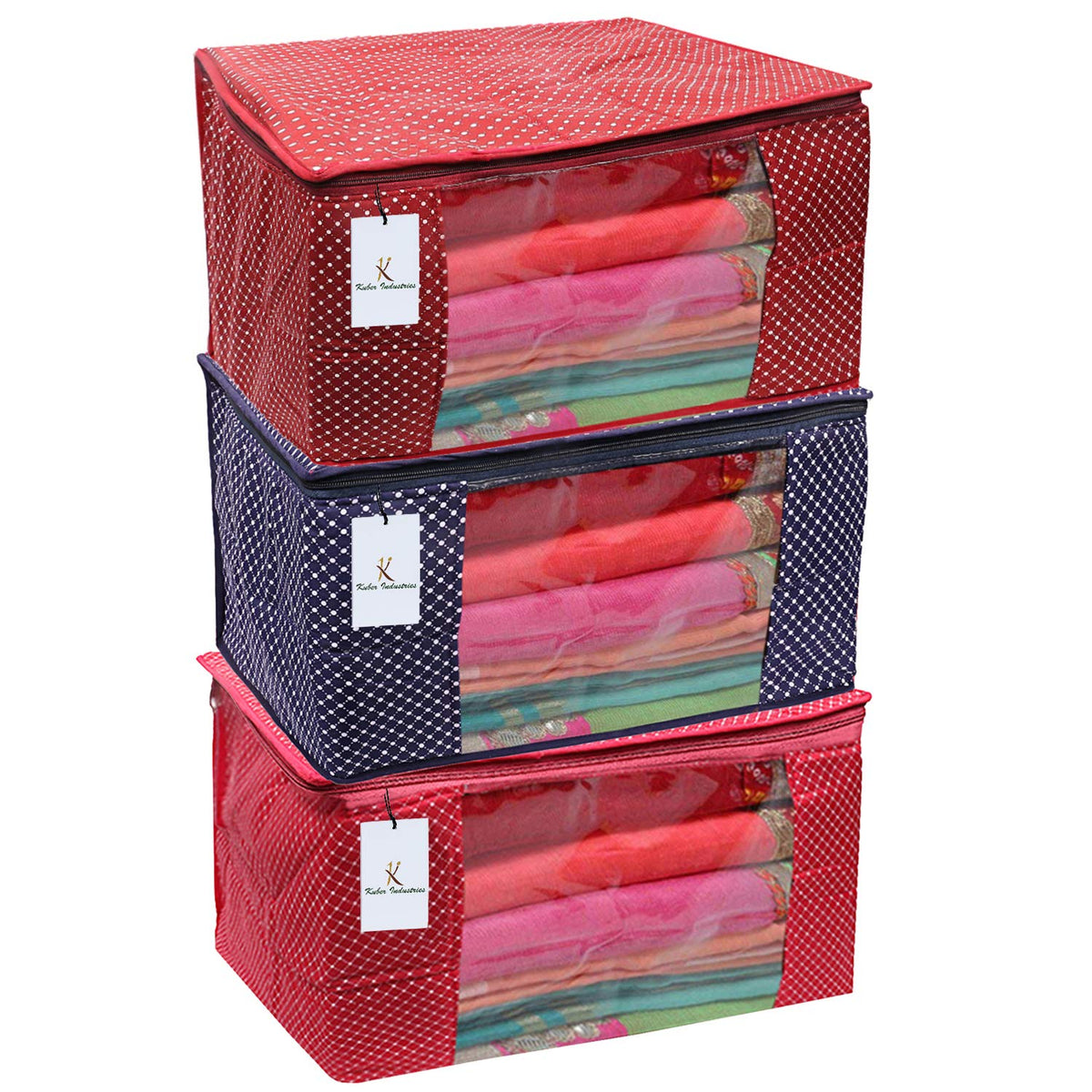 Kuber Industries Cotton 3 Pieces Three Layer Quilted Extra Large Saree Cover (Maroon, Blue & Pink)-CTKTC025487