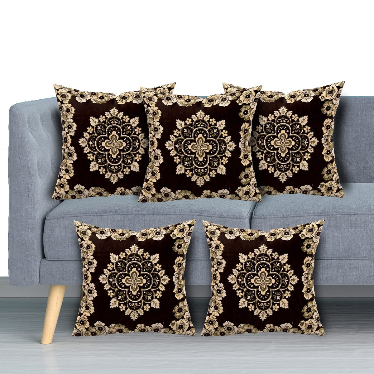 Kuber Industries Flower Design Velvet Pillows Covers for Couch Bed Sofa, Soild Soft Cushion Case, 16x16 Inches- Pack of 5 (Brown)
