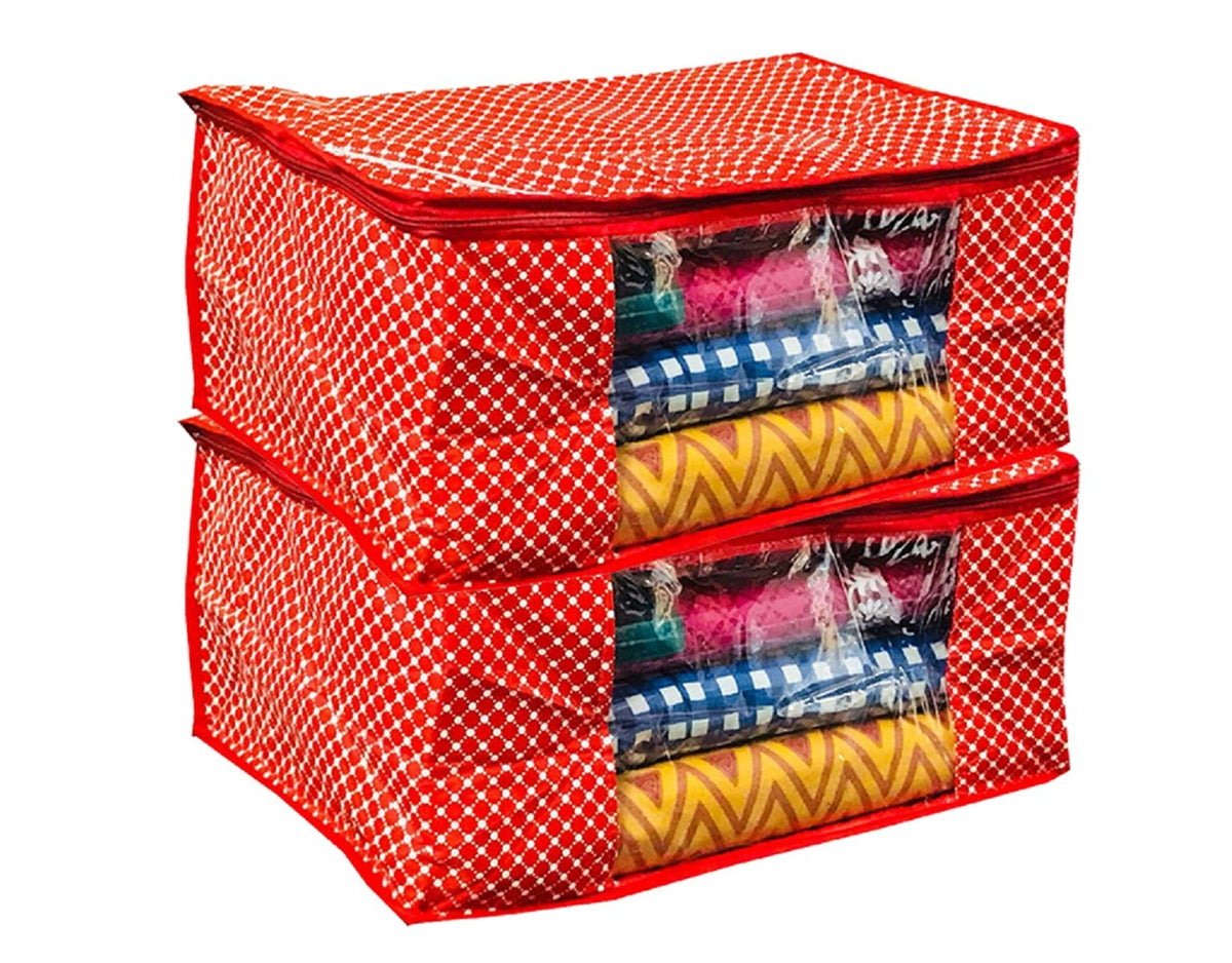 Kuber Industries 2 Piece Hathkadi Print Quilted Cotton Saree Cover Set, Red