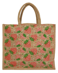 Kuber Industries Umbrella Print and Strawberry Print Jute Reusable Eco-Friendly Hand Bag/Grocery Bag For Man, Woman With Handle Pack of 2 (Brown) 54KM4372