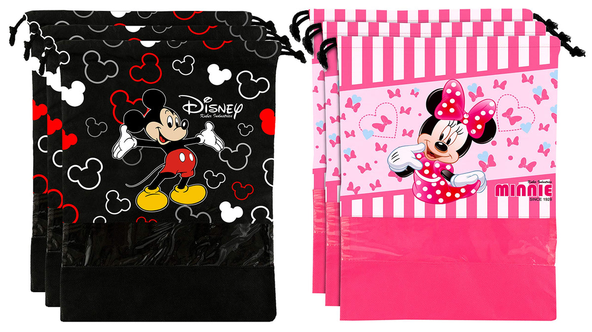 Kuber Industries Disney Print 6 Piece Non Woven Travel Shoe Cover, String Bag Organizer (Black & Pink) -HS_35_KUBMARTS18017