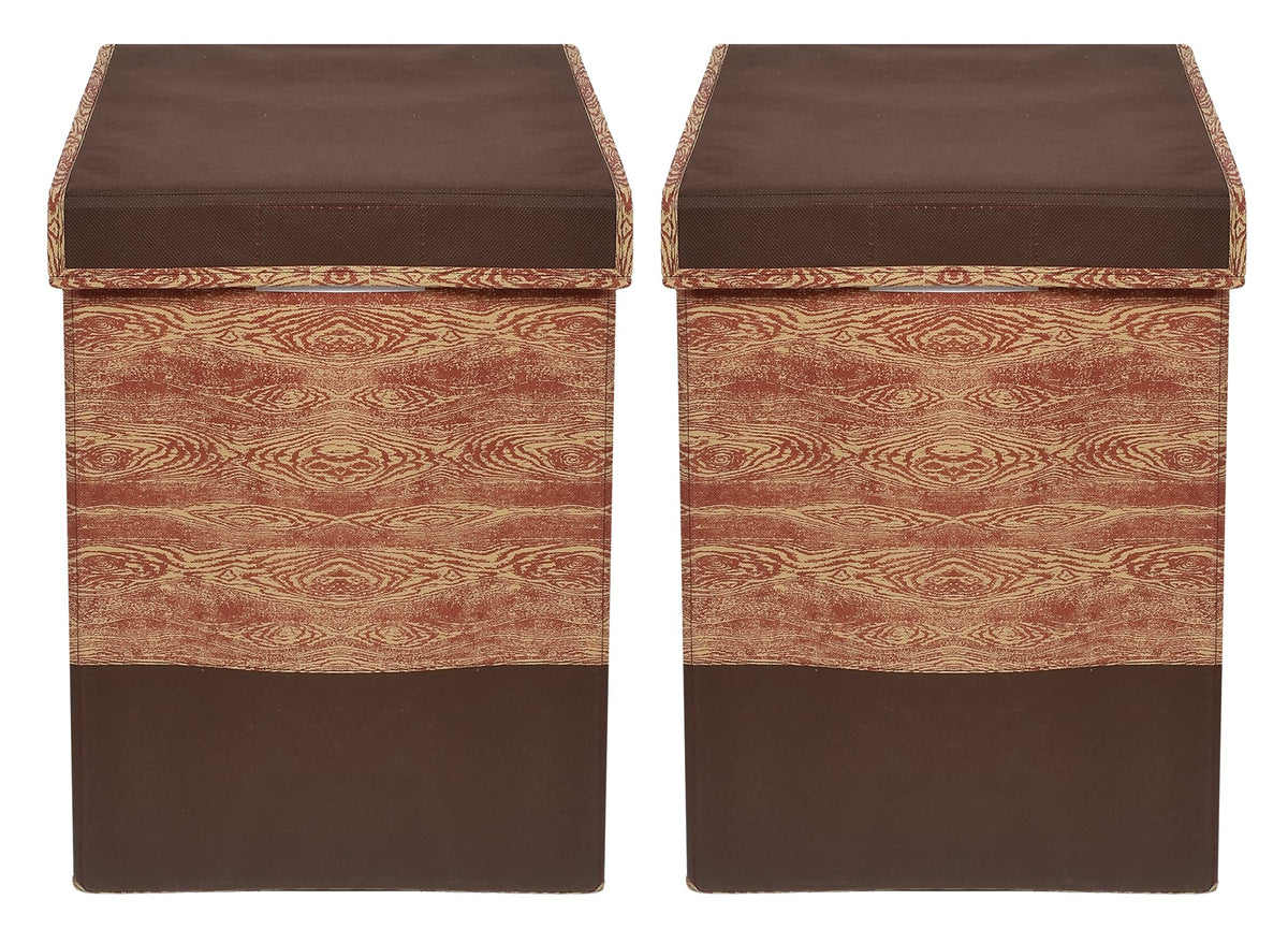 Heart Home Wooden Design Non-Woven Laundry Basket, Clothes Hamper For Laundry Closet, Bedroom, Bathroom With Lid & Handles- Pack of 2 (Brown)-44HH0200